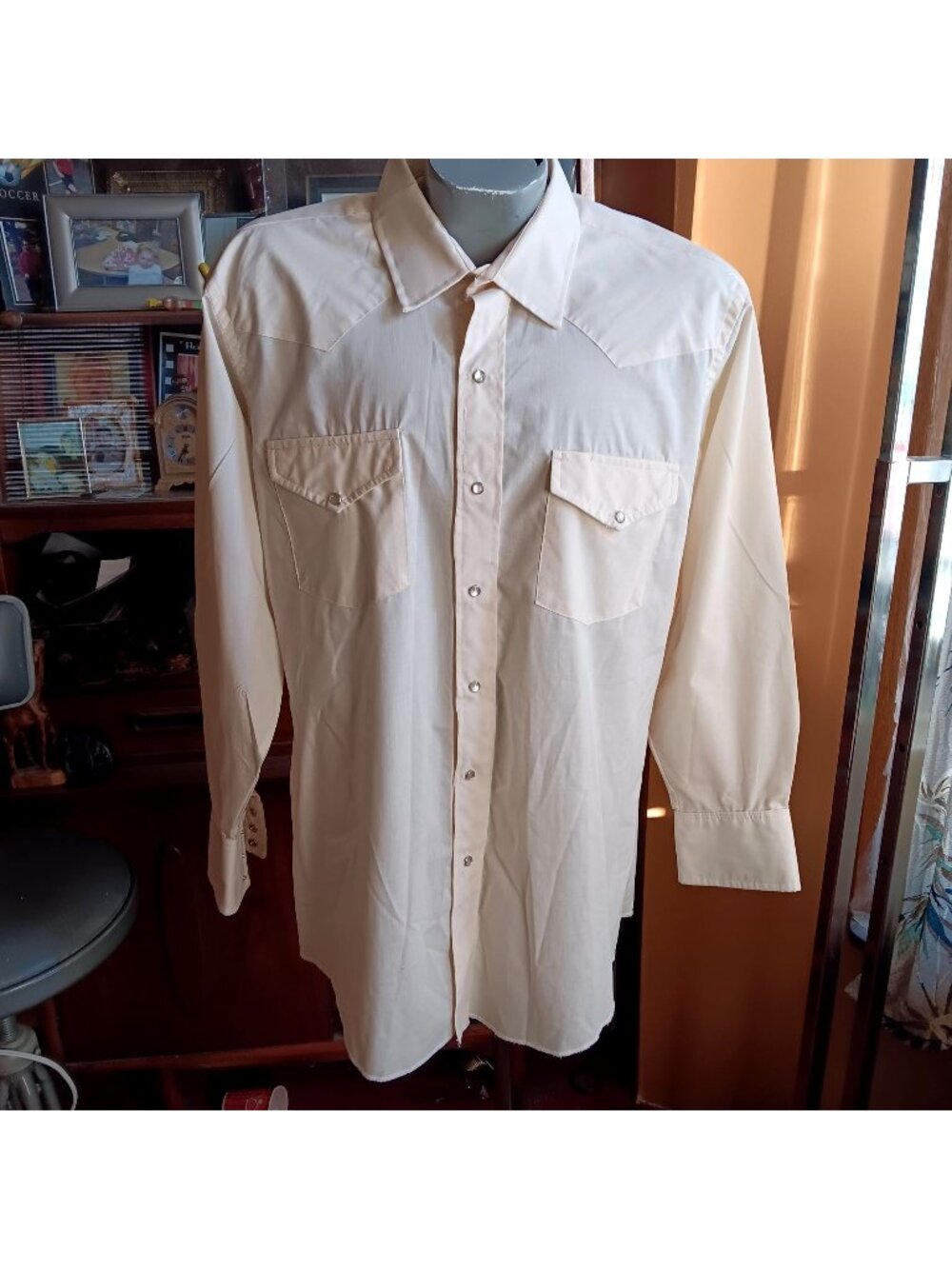 Vintage Western Shirt Large 17-34 Cream Dan River 1980's  Cowboy Snapper Mens
